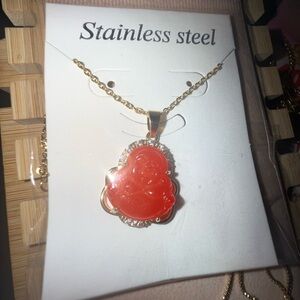 Gold and Red Stainless Steel Buddha Pendant Necklace